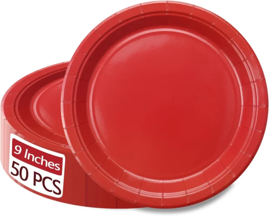 50 plain red round paper plates, 23 cm (9 in), matte finish