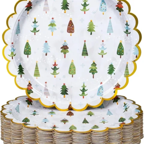 50 scalloped Christmas tree paper plates with gold foil, 22.9 cm