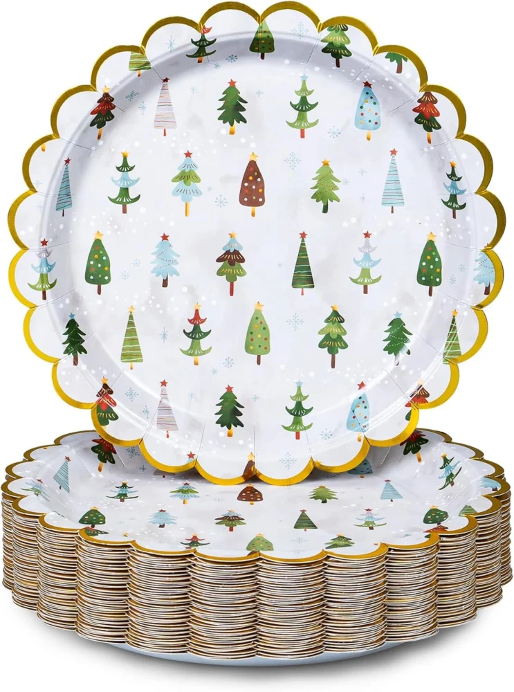 50 scalloped Christmas tree paper plates with gold foil, 22.9 cm
