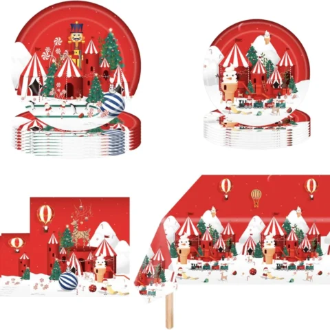 53-piece Christmas paper tableware set with tablecloth, 16 guests