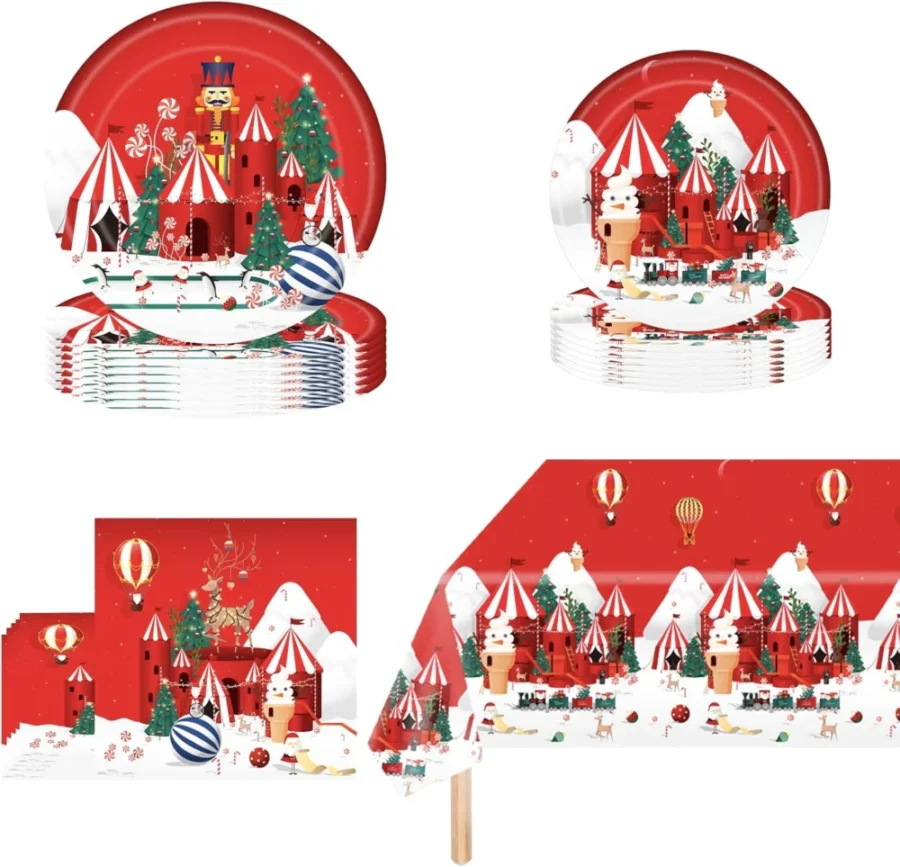 53-piece Christmas paper tableware set with tablecloth, 16 guests