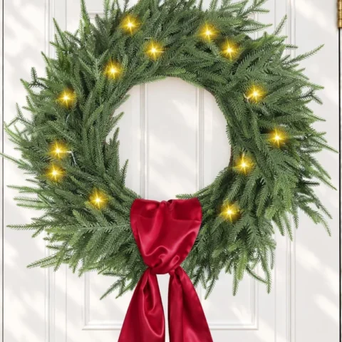56 to 58 cm pre-lit Norfolk pine wreath, remote, timer, red sash