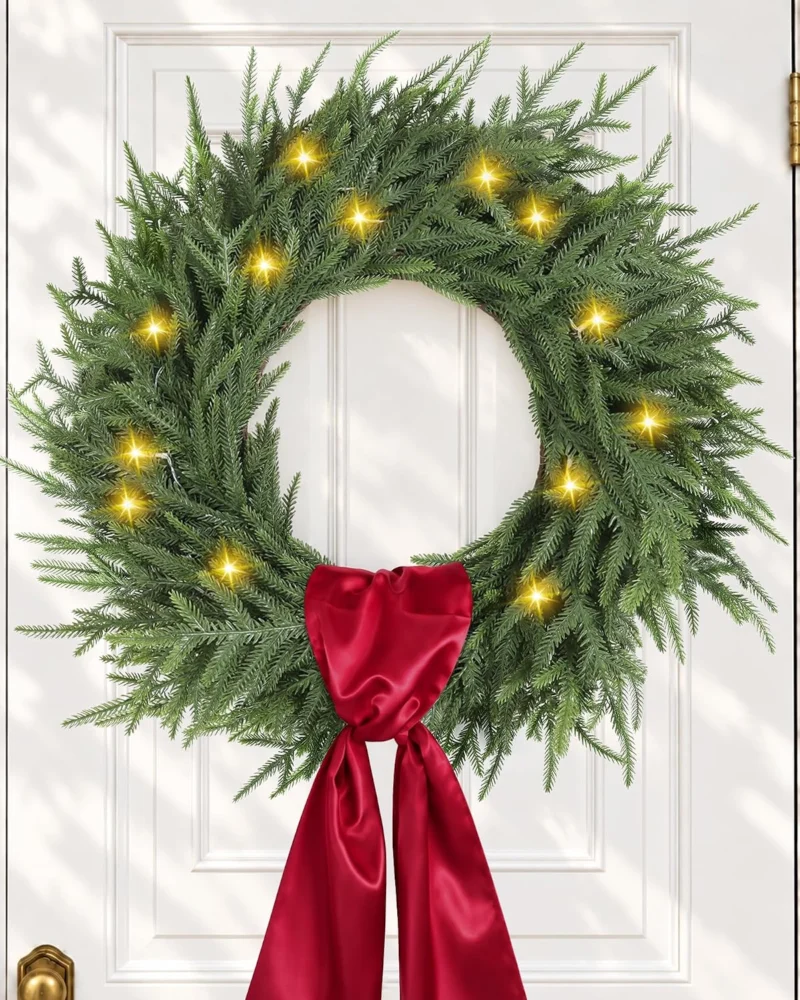56 to 58 cm pre-lit Norfolk pine wreath, remote, timer, red sash