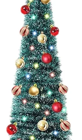 5ft blue pop-up tinsel tree with 50 LEDs, 30 baubles and star topper