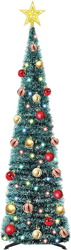 5ft blue pop-up tinsel tree with 50 LEDs, 30 baubles and star topper