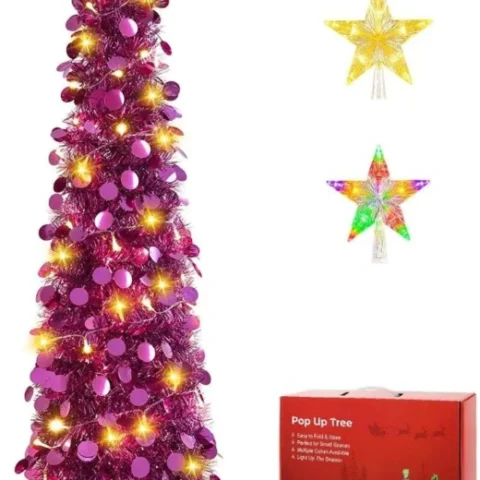 5ft dark purple collapsible pop-up tinsel Christmas tree, unlit