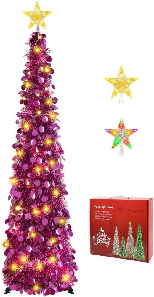 5ft dark purple collapsible pop-up tinsel Christmas tree, unlit