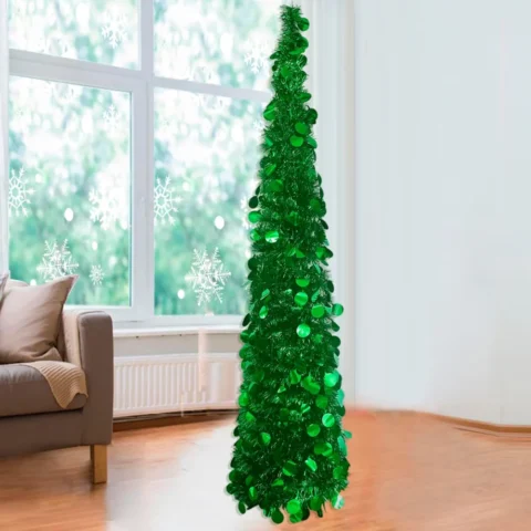 5ft green pop-up tinsel Christmas tree, unlit, 4 pipes and 4 stands