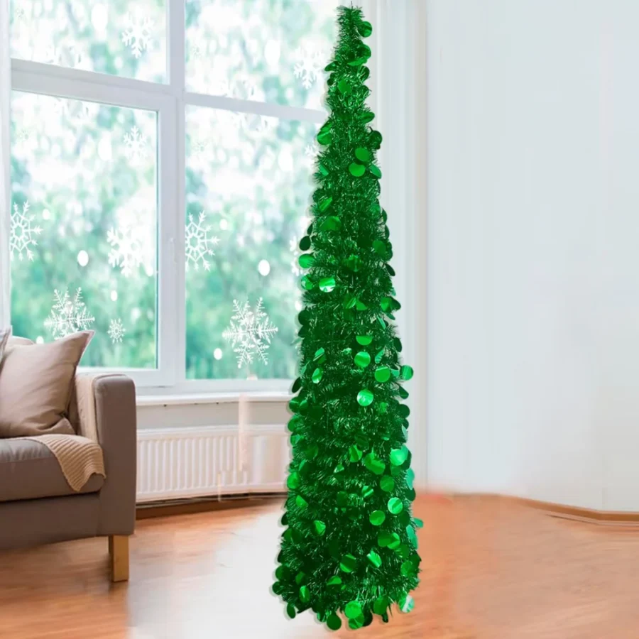 5ft green pop-up tinsel Christmas tree, unlit, 4 pipes and 4 stands