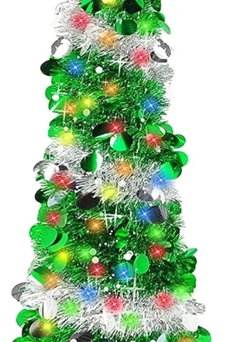 5ft green pop-up tinsel tree with sequins and 100 coloured LEDs