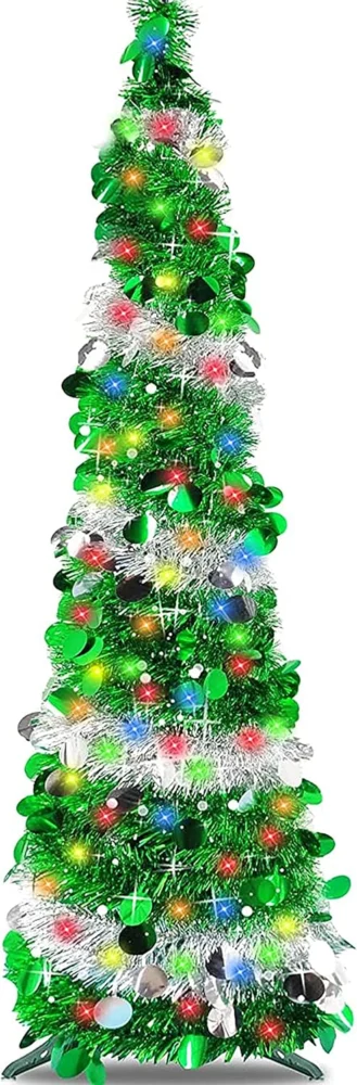 5ft green pop-up tinsel tree with sequins and 100 coloured LEDs