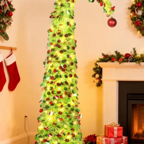 5ft lime green pop-up tinsel tree, curved top, red ball, 50 warm LEDs