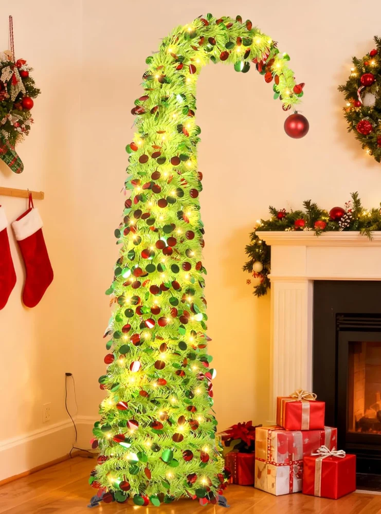 5ft lime green pop-up tinsel tree, curved top, red ball, 50 warm LEDs