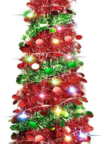 5ft pop-up sequin tinsel pencil Christmas tree, 90 multicolour LEDs
