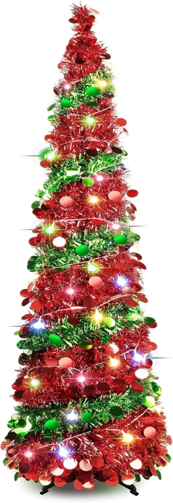 5ft pop-up sequin tinsel pencil Christmas tree, 90 multicolour LEDs