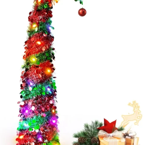 5ft red pop-up tinsel tree with red ball topper and battery lights