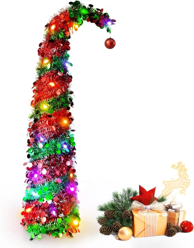 5ft red pop-up tinsel tree with red ball topper and battery lights