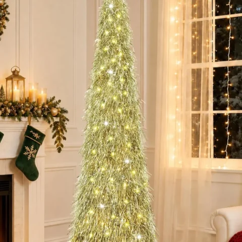 5ft shaggy gold and silver pop-up tinsel tree, 50 warm LEDs, timer