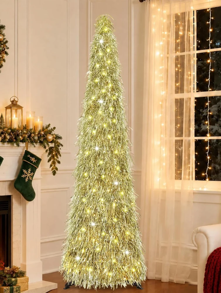 5ft shaggy gold and silver pop-up tinsel tree, 50 warm LEDs, timer