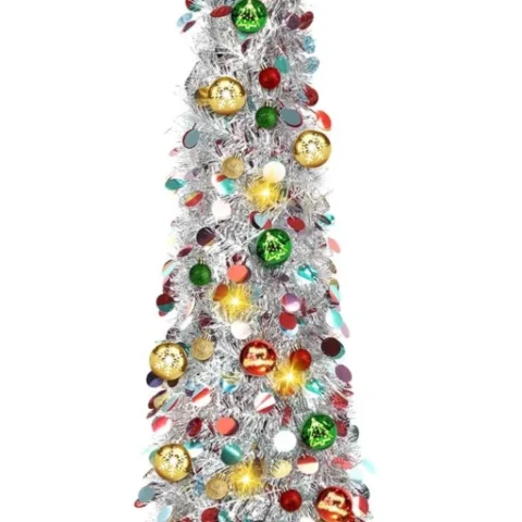 5ft silver pop-up tinsel Christmas tree, 60 warm LEDs, 30 baubles