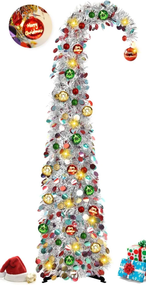 5ft silver pop-up tinsel Christmas tree, 60 warm LEDs, 30 baubles