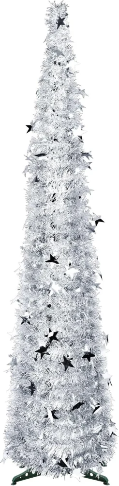 5ft silver pop-up tinsel Christmas tree, unlit, spiral branches