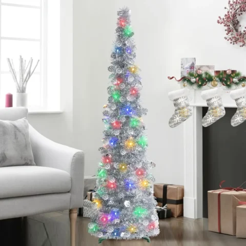 5ft silver pop-up tinsel pencil tree with snowflake sequins, 50 LEDs