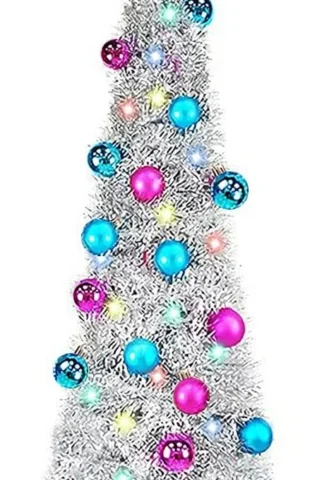 5ft silver pop-up tinsel tree, star topper, 10 m warm LEDs, 30 baubles