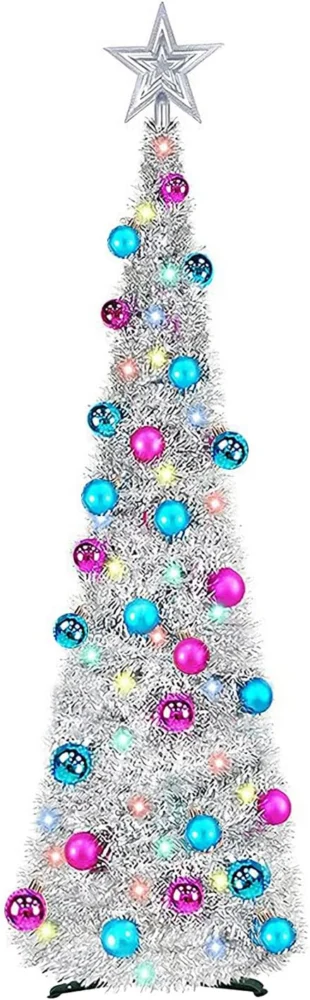 5ft silver pop-up tinsel tree, star topper, 10 m warm LEDs, 30 baubles