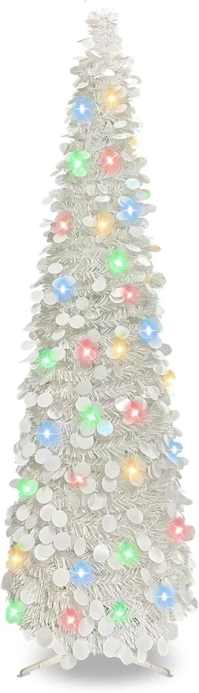 5ft white pop-up tinsel Christmas tree with sequins and 90 LED lights