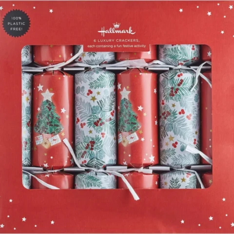 6 Christmas crackers in 2 tree and foliage designs, 33 cm long