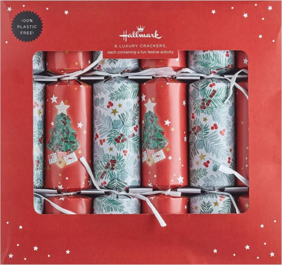 6 Christmas crackers in 2 tree and foliage designs, 33 cm long