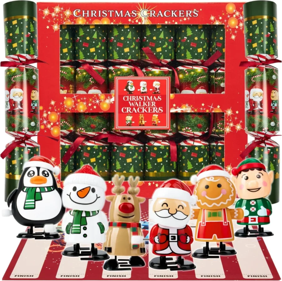 6 Christmas crackers with wind-up toys, hats and jokes, ages 3+