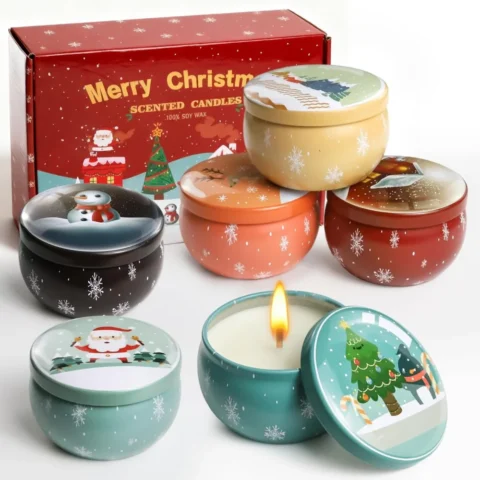 6 Christmas soy wax candles in tins with Santa and wreath designs