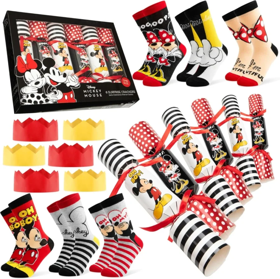 6 Disney Minnie and Mickey Christmas crackers with socks, adult size