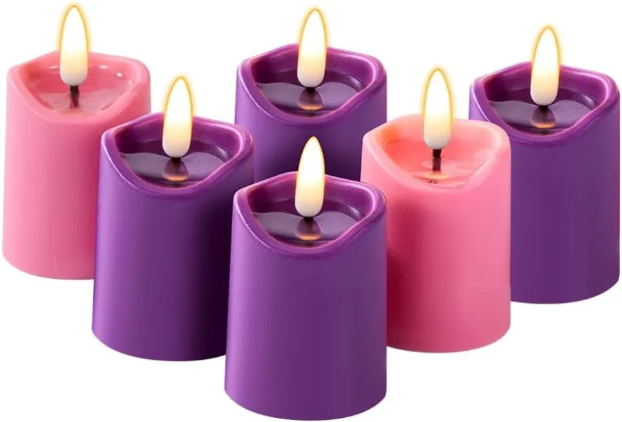 6 flameless LED Advent candles, 4 purple and 2 pink, with timer