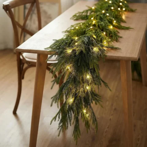 6 ft (1.8 m) Norfolk pine garland, 50 warm white LEDs, PE needles