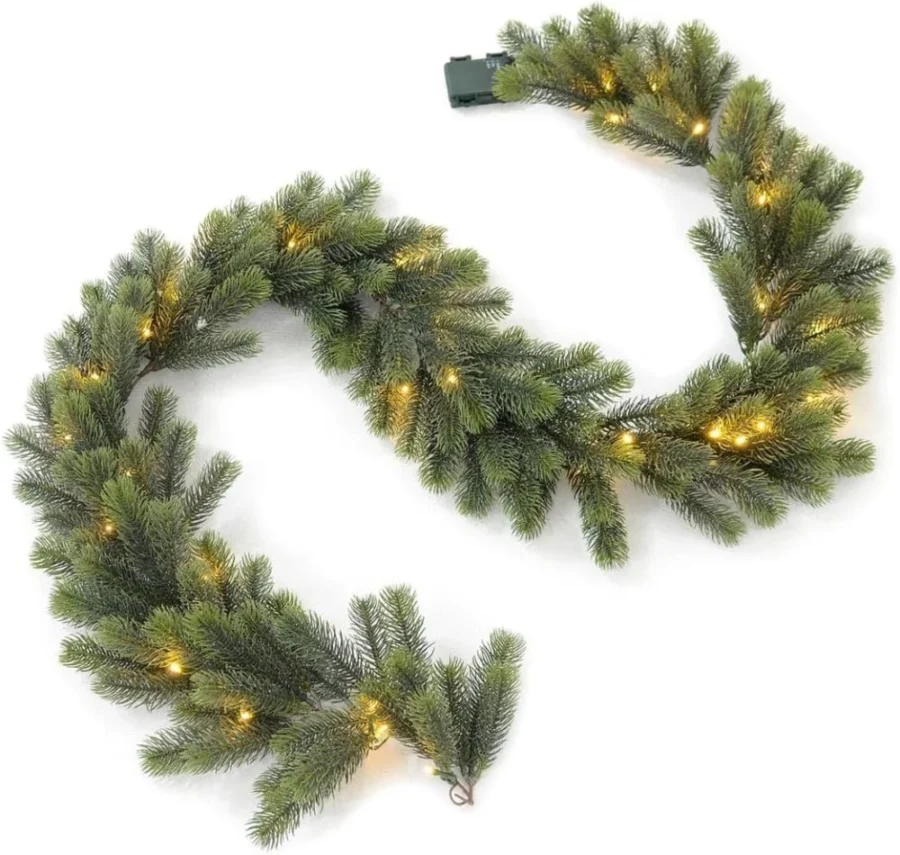 6 ft (180 cm) green pine garland, 35 warm white LEDs, timer, battery