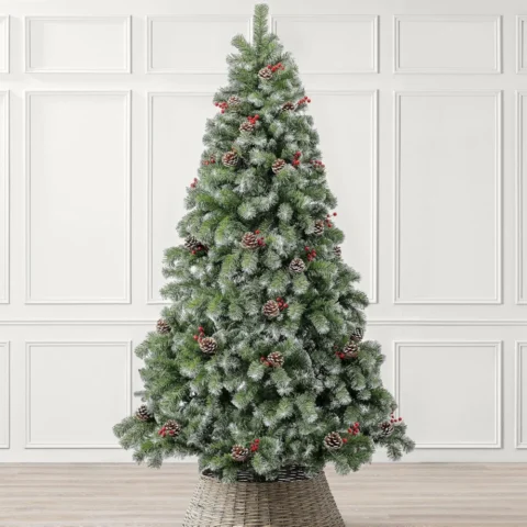 6 ft flocked woodland spruce tree with pine cones and berries