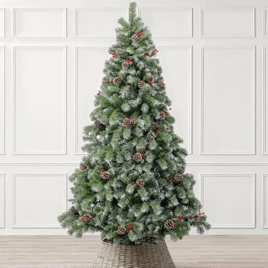 6 ft flocked woodland spruce tree with pine cones and berries