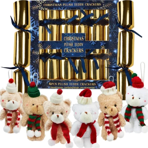 6 gold Christmas crackers with plush tree ornaments, hats and jokes