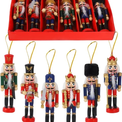 6 hanging wooden nutcracker kings with fibre beards, 12 cm