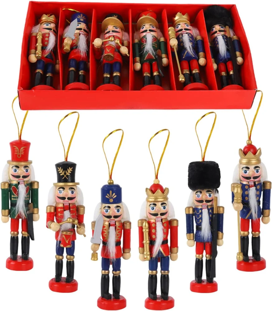 6 hanging wooden nutcracker kings with fibre beards, 12 cm