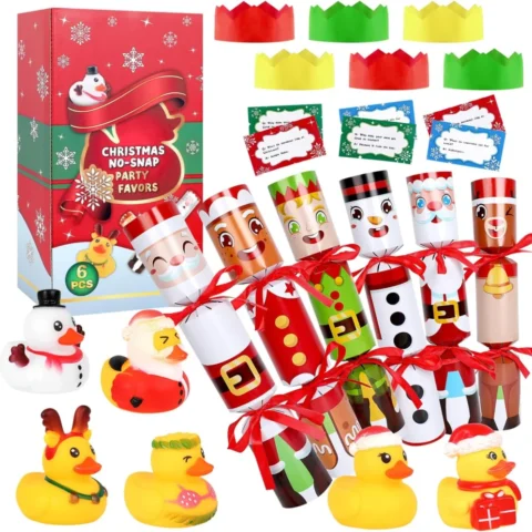 6 no-snap Christmas crackers with ducks, hats and jokes, for kids