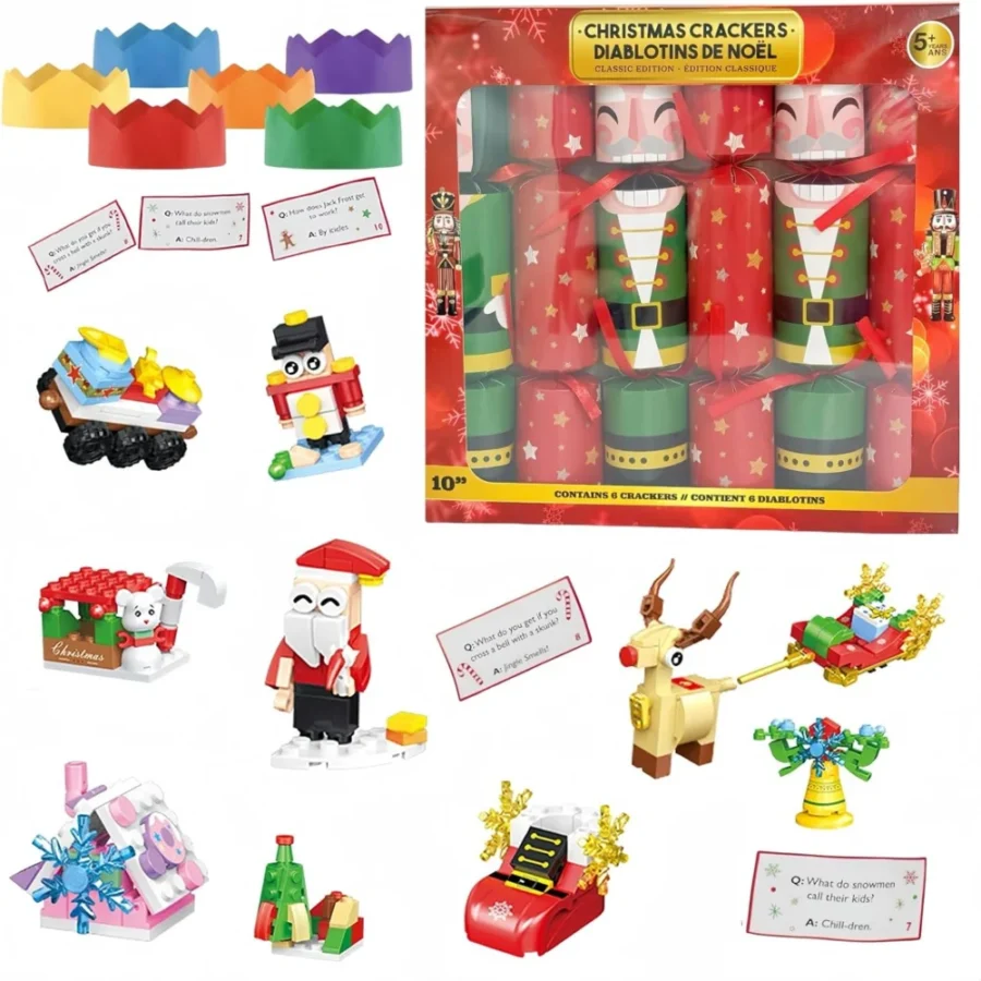 6 no-snap Christmas crackers with Santa’s friends building blocks