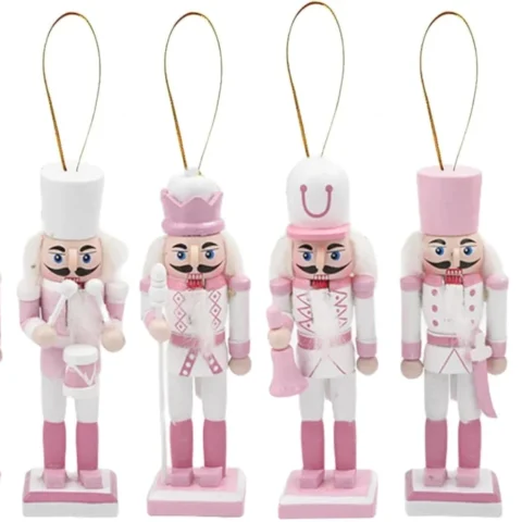 6 pink wooden nutcracker soldier tree ornaments, 12 cm tall