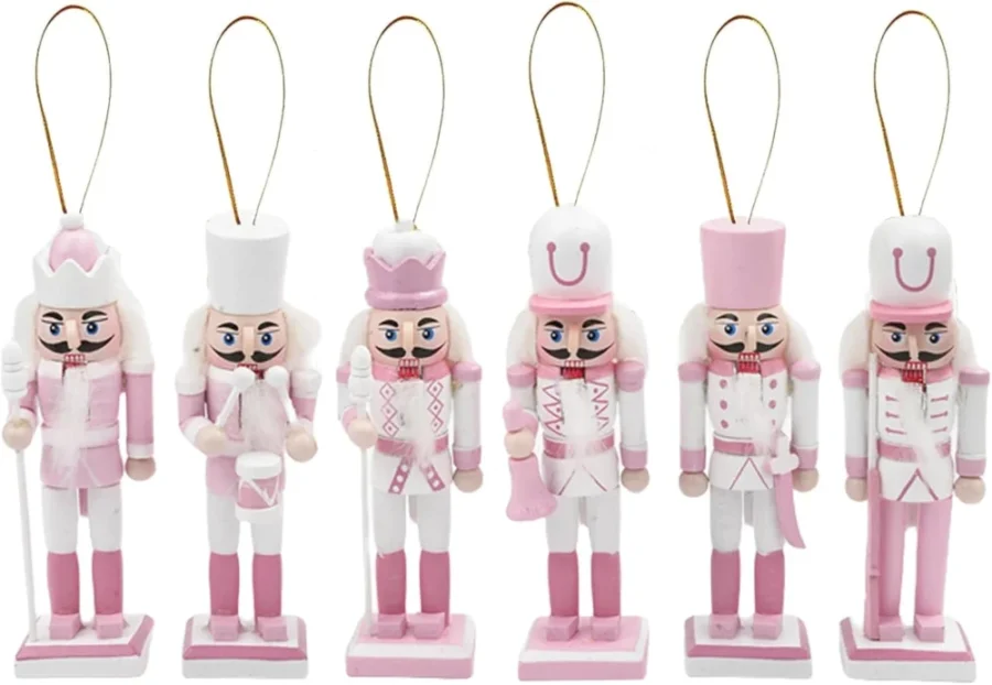 6 pink wooden nutcracker soldier tree ornaments, 12 cm tall