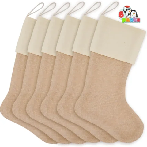 6 plain burlap Christmas stockings with white cuffs, 18 inch