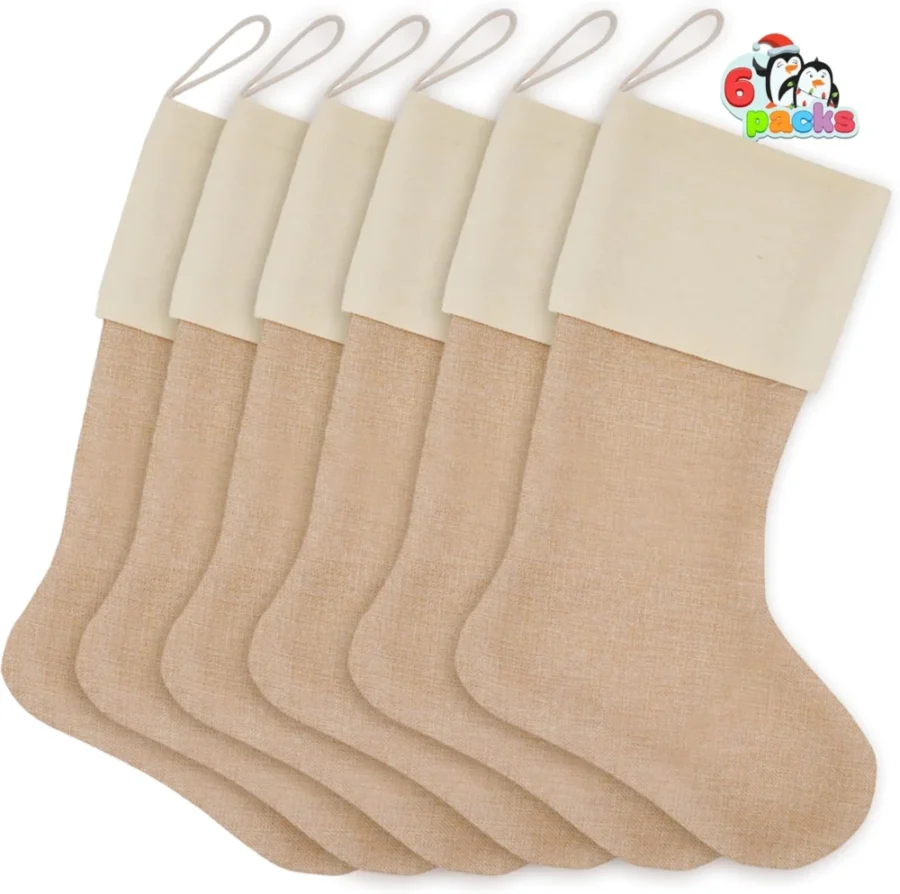6 plain burlap Christmas stockings with white cuffs, 18 inch