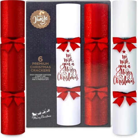 6 red and white Christmas crackers, 36 cm, velvet bows, quiz cards